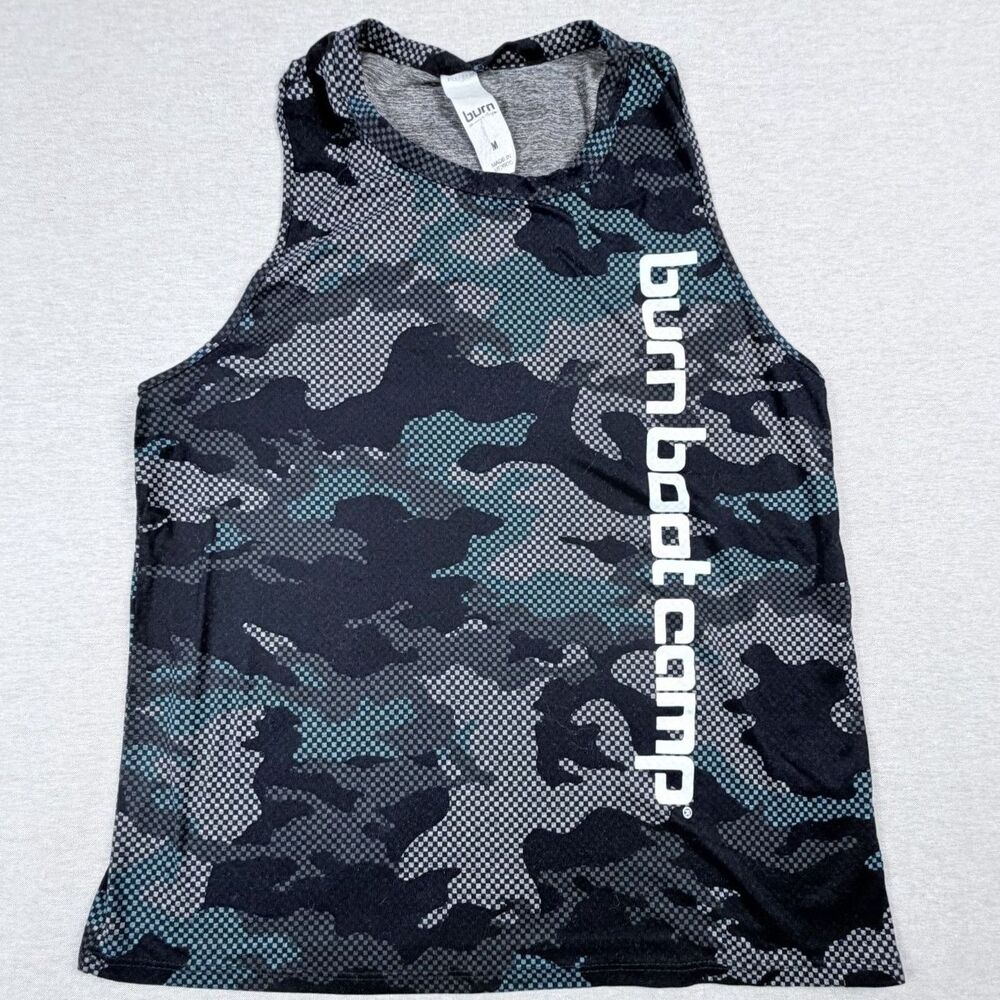 BURN Boot Camp Woman Muscle T Tank Top Medium Blue Black Gray Camo Gym Running